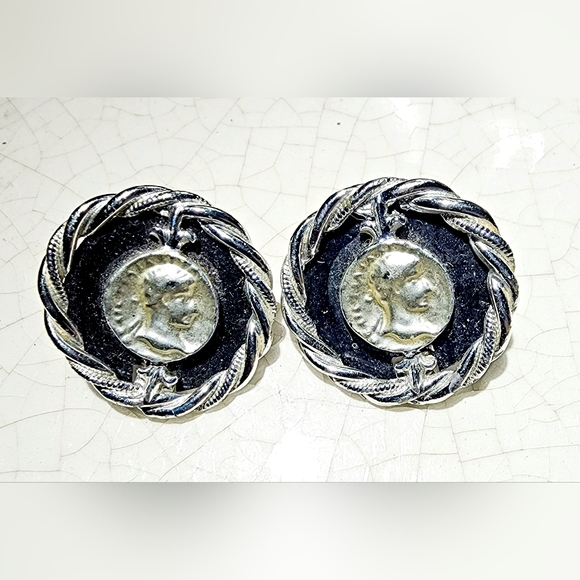 Classic Greek Roman coin silver and blue round button posts pierced earrings - Picture 2 of 7